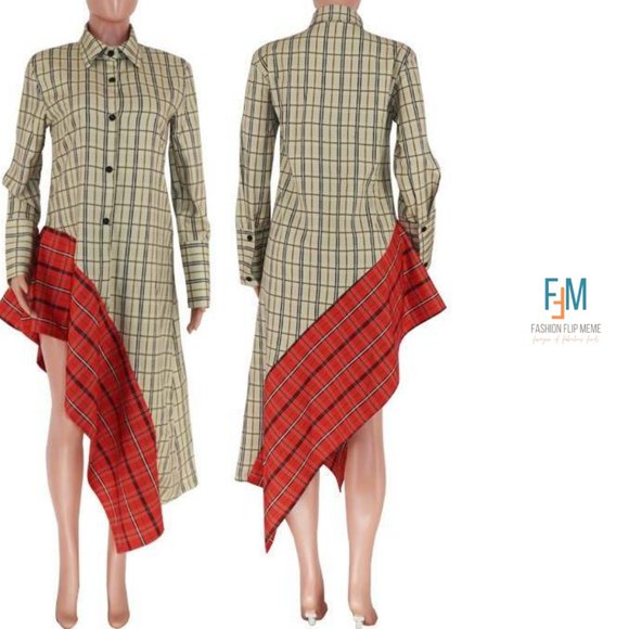Contrast Asymmetrical Hem Long-Sleeve Plaid Shirt Dress - Picture 1 of 5